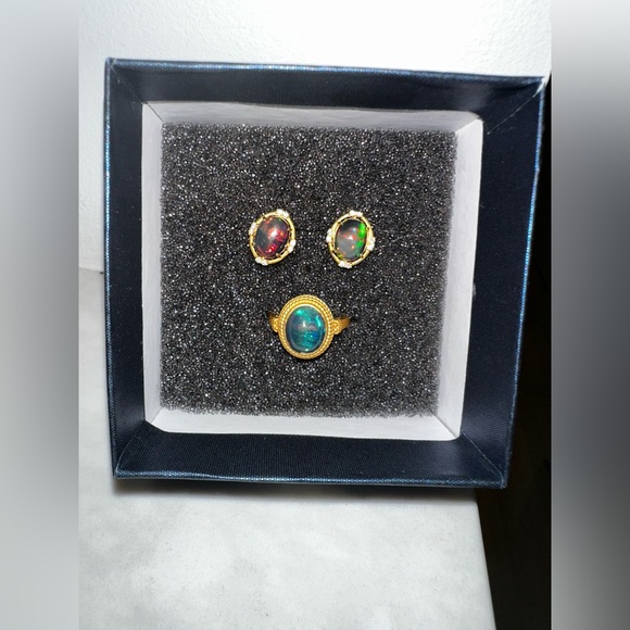 Black Opal Gold Plated Satin Finish Silver S925 Set - Picture 1 of 4